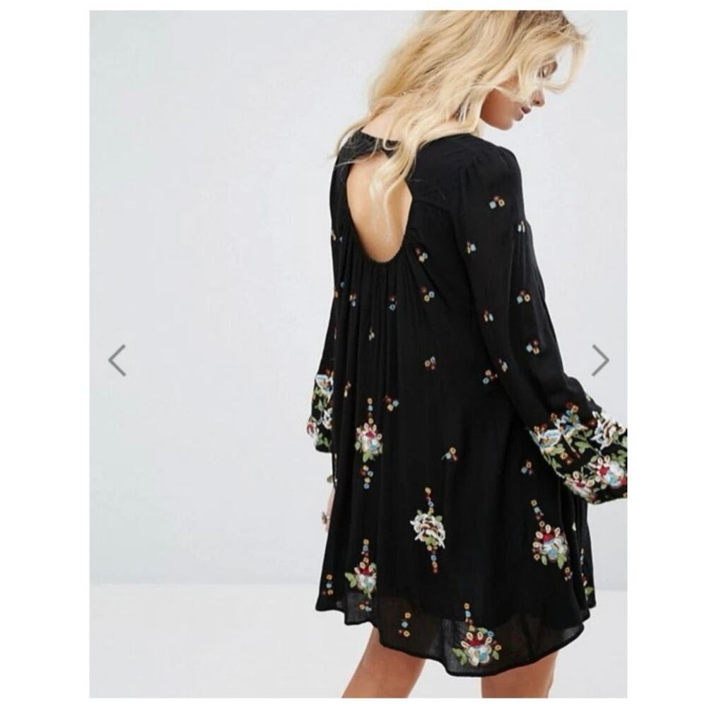 Free People Oxford Black Embroidered Swing Dress Boho Viscose XS Cottagecore - Picture 2 of 10